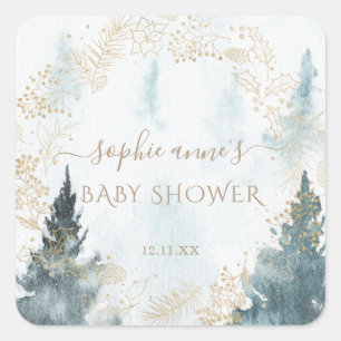 Sticker Carré Watercolor Winter Scenery Baby shower or