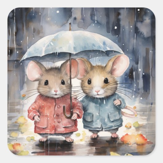 Sticker Carré Watercolour Mice in The Rain (Devant)