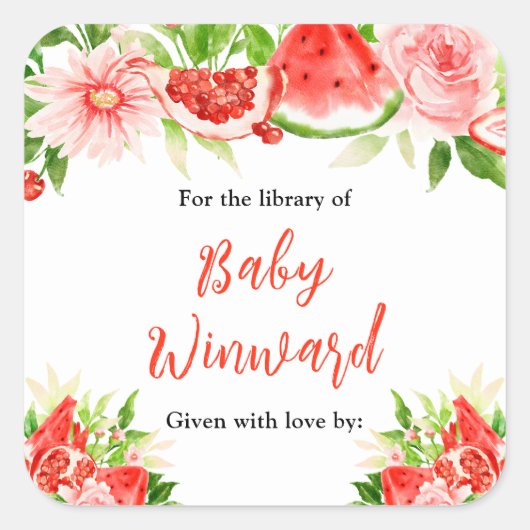 Sticker Carré Watermelon Pomegranate Baby Shower Bookplate (Devant)
