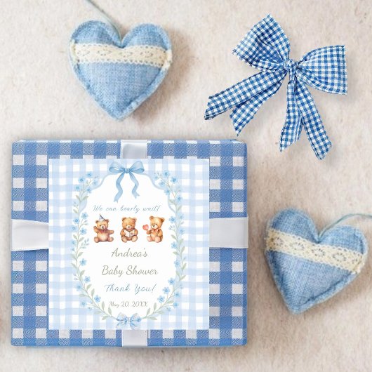 Sticker Carré We Can Bearly Wait Blue Gingham Baby Shower 