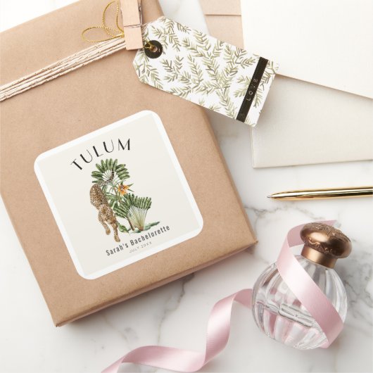 Sticker Carré Week-end de Bachelorette Tropical Léopard Tulum (Cadeaux)