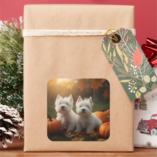 Sticker Carré West Highland White Terrier Chiot Citrouille d'aut (vacances)