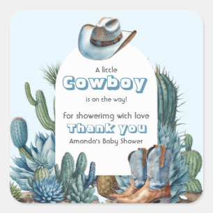 Sticker Carré Western Blue Little Cowboy Rodeo Boy Baby shower