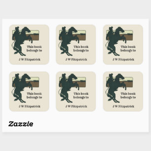 Sticker Carré Western Cowboy Bucking Bronco Horse Book Plate