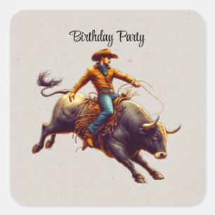 Sticker Carré Western Cowboy Bull Rider fête d'anniversaire
