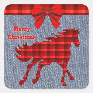 Sticker Carré Western Horse Red Plaid Faux Denim