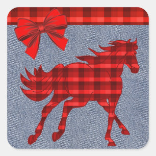 Sticker Carré Western Horse Red Plaid Faux Denim
