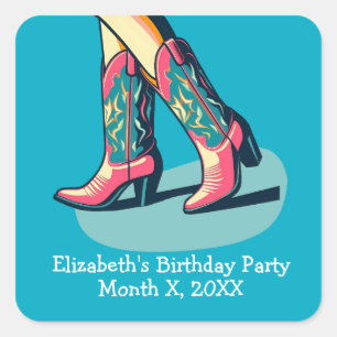 Sticker Carré Western Thème Cowgirl Boots Fille fête d'anniversa