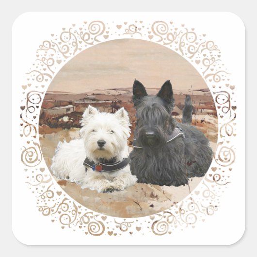 Sticker Carré Westie & Scottie Ensemble Automne (Devant)