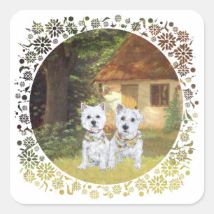 Sticker Carré Westies dans la cour d'une maisonnette cosy