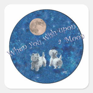 Sticker Carré Westies faisant un vœu sur la Lune