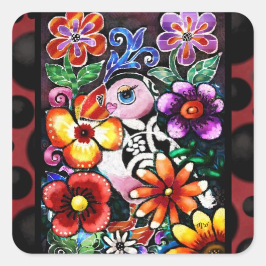 Sticker Carré Whimsical Abstract Puffin Bird in Flowers (Devant)