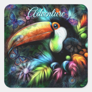 Sticker Carré Whimsical Abstrait Toucans Oiseaux Toucans Turquoi