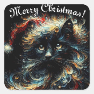 Sticker Carré Whimsical Black Cat Père Noël Casquette de Noël sa