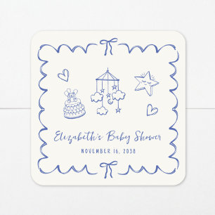 Sticker Carré Whimsical Blue Wavy Frame Baby Boy Douche