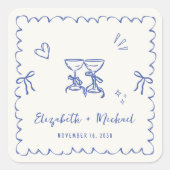 Sticker Carré Whimsical Blue Wavy Frame Cream Wedding (Devant)