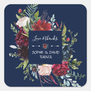 Sticker Carré Whimsical Burgundy Blush Flowers Mariage bleu mari