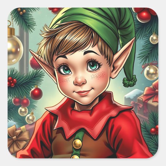 Sticker Carré Whimsical Cartoon Elf | Christmas (Devant)