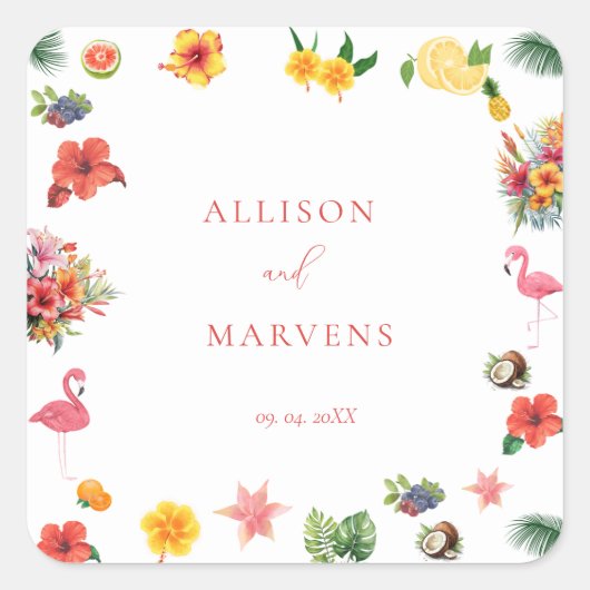 Sticker Carré Whimsical Colorful Fun Tropical Flamingle Mariage (Devant)