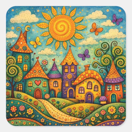 Sticker Carré Whimsical Fairy Tale Village Colorful Canvas Art (Devant)