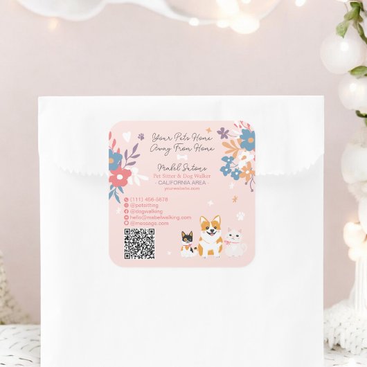 Sticker Carré Whimsical floral mignon pastel sitter chien marche