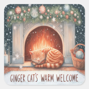 Sticker Carré Whimsical Ginger Chat's Chaleureux Noël de bienven