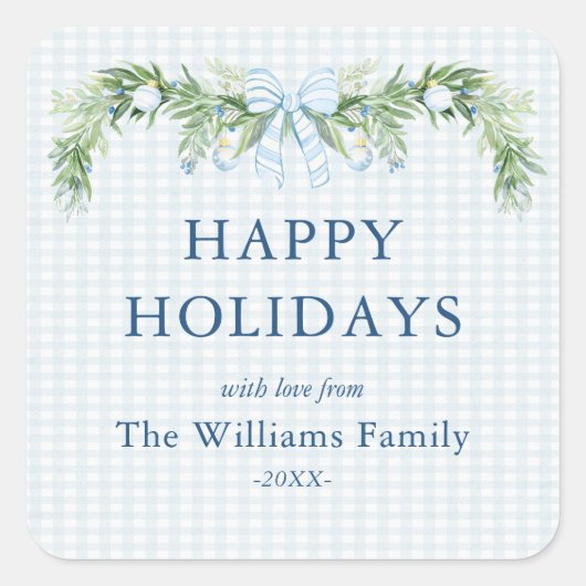 Sticker Carré Whimsical Grandmillenial Gingham Blue Bow Garland (Devant)