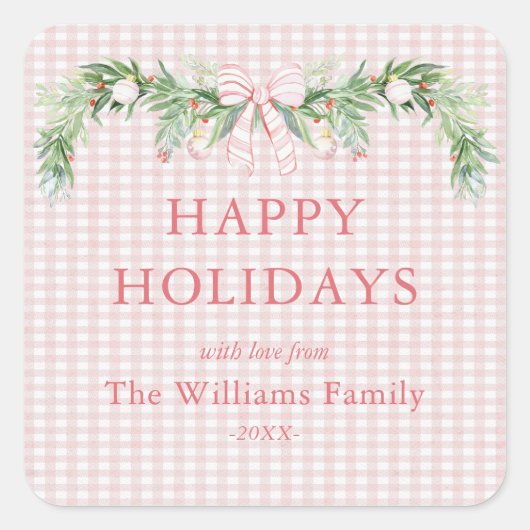 Sticker Carré Whimsical Grandmillenial Gingham Pink Bow Garland  (Devant)