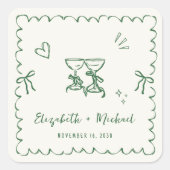 Sticker Carré Whimsical Green Wavy Frame Cream Wedding (Devant)