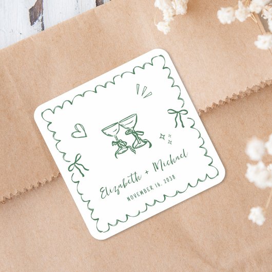 Sticker Carré Whimsical Green Wavy Frame Wedding