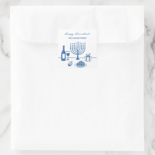 Sticker Carré Whimsical Hand Drawn Hanukkah Party Trendy Custom (Sac)