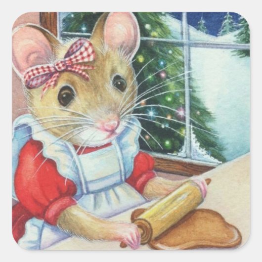 Sticker Carré Whimsical North Pole Gingerbread Baker Mouse Art (Devant)