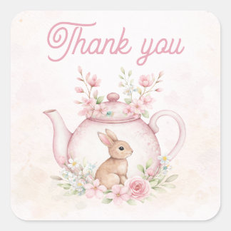 Sticker Carré Whimsical Pink Bunny Teapot Floral Thank you