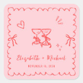 Sticker Carré Whimsical Pink Red Wavy Frame Wedding (Devant)