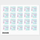 Sticker Carré Whimsical Rainbow Unicorn Aqua 5e anniversaire (Feuille)