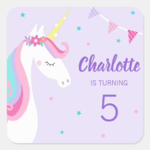 Sticker Carré Whimsical Rainbow Unicorn Purple 5e anniversaire