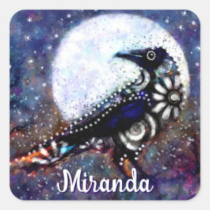 Sticker Carré Whimsical Raven Moon Floral Abstrait Personnalisé