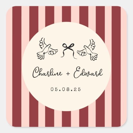 Sticker Carré Whimsical Red and Blush Pink Striped Wedding  (Devant)