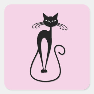 Sticker Carré Whimsical Skinny Chat noir rose