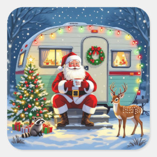 Sticker Carré Whimsical Woodland Christmas and Retro RV Camper