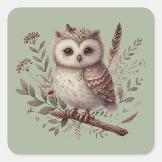 Sticker Carré Whimsical Woodland Owl Botanical Illustration (Devant)