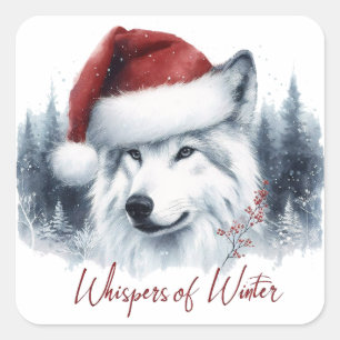 Sticker Carré Whispers d'hiver - Wolf aquarelle à Santa Hat
