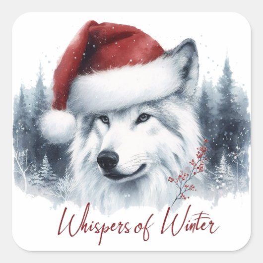 Sticker Carré Whispers d'hiver - Wolf aquarelle à Santa Hat (Devant)