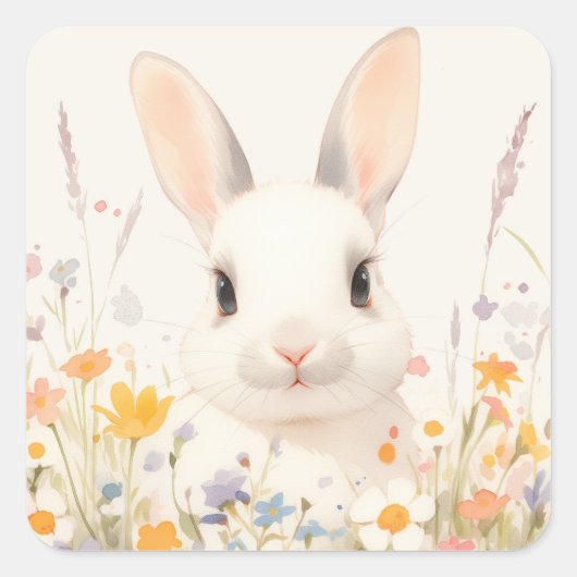 Sticker Carré White Bunny with Pink Nose in Spring Wildflower (Devant)