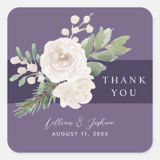 Sticker Carré White Floral Winter Greenery Wedding Thank You (Devant)