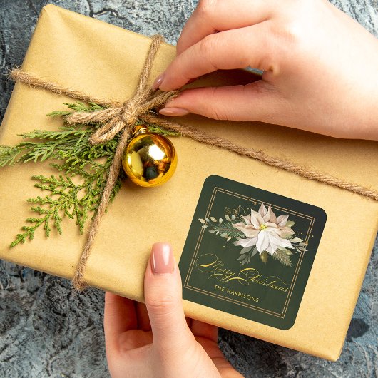 Sticker Carré White Poinsettia & Joyeuse calligraphie de Noël