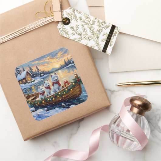 Sticker Carré White Samoyed Christmas Boat Holiday (Cadeaux)