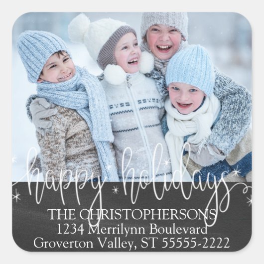 Sticker Carré White Script HAPPY HOLIDAYS Photo Return Adresse (Devant)