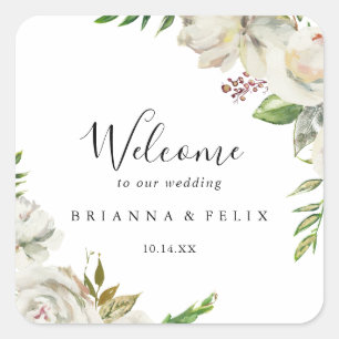 Sticker Carré White Winter Peony Floral Mariage Bienvenue