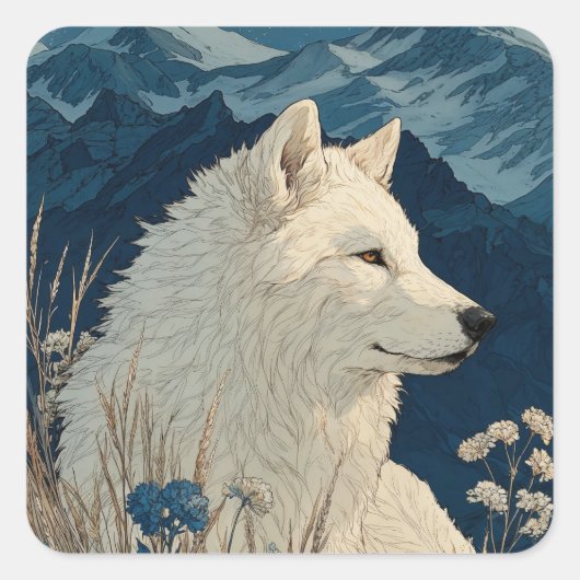 Sticker Carré White Wolf with Blue Flowers and Snowy Mountains (Devant)